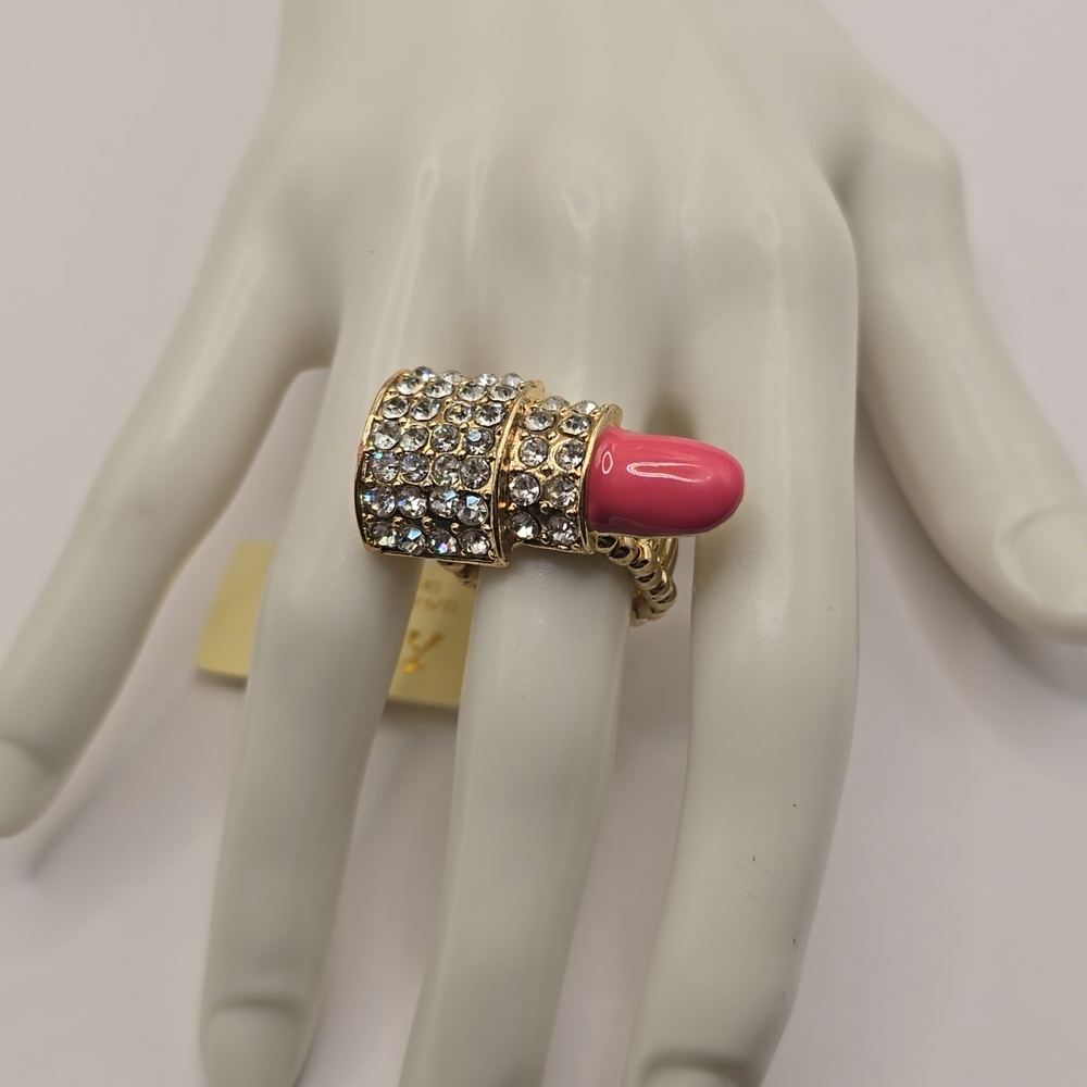 Lipstick Shape Stretch Ring Gold and Pink Rhinestones